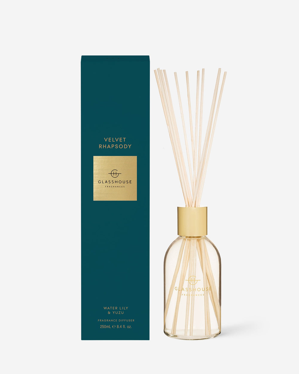 Glasshouse Fragrances Velvet Rhapsody 250mL Fragrance Diffuser with packaging and reeds