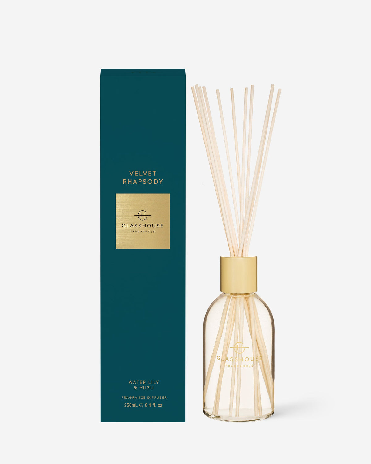 Glasshouse Fragrances Velvet Rhapsody 250mL Fragrance Diffuser with packaging and reeds