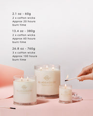 Glasshouse Fragrances 380g candle size, wick and burn time guide