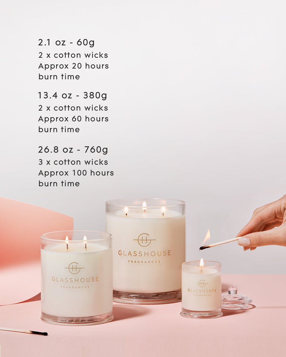 Glasshouse Fragrances 380g candle size, wick and burn time guide