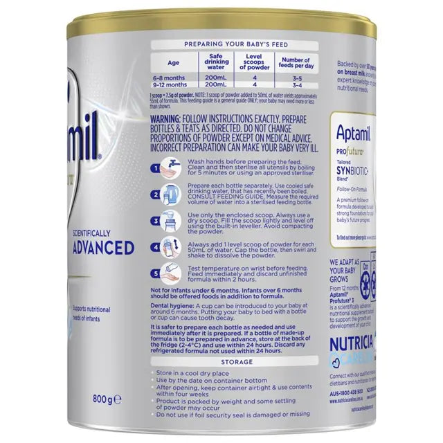 Aptamil Profutura Synbiotic+ Stage 2 Follow-On Formula 800g feeding and preparation information