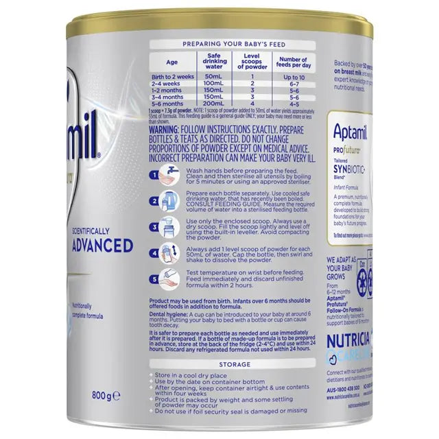 Aptamil Profutura 1 Infant Formula 800g feeding and preparation information