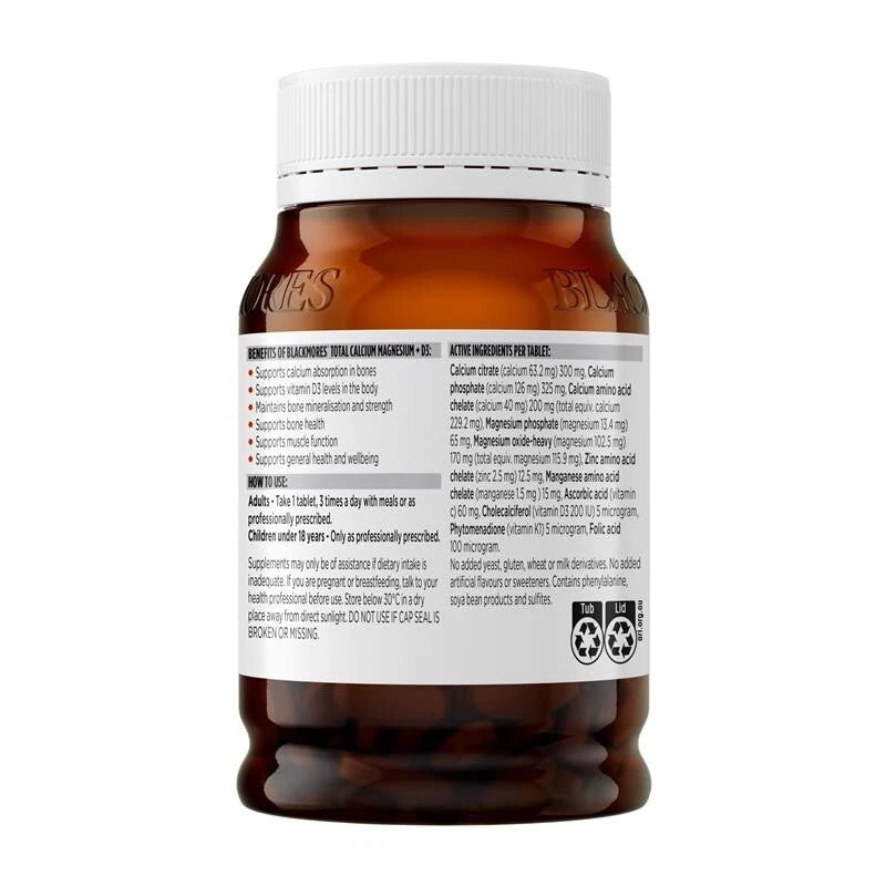 Blackmores Total Calcium Magnesium and D3 Back Label
