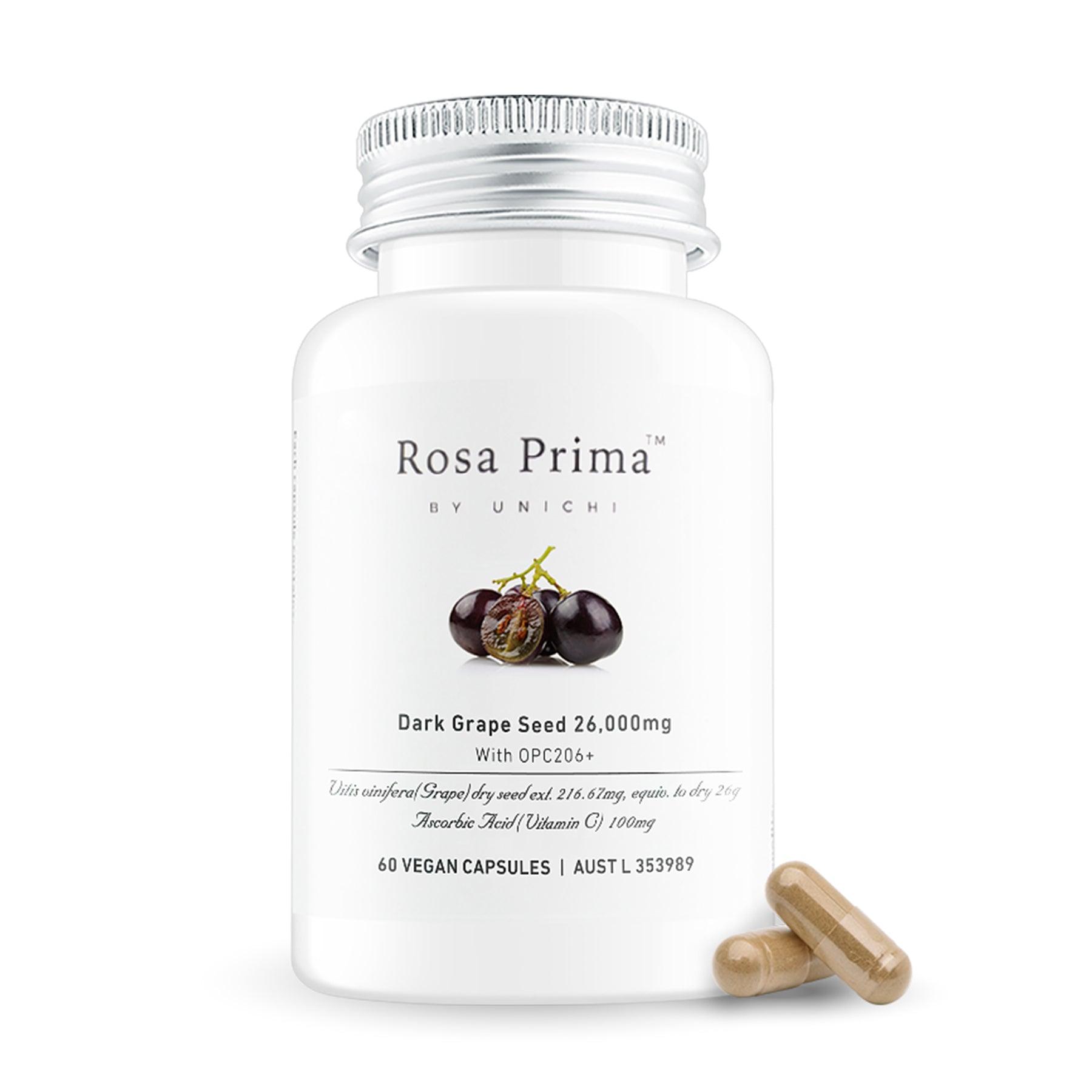 Unichi Rosa Prima Dark Grape Seed 26000mg with OPC206+ 60 Vegan Capsules bottle
