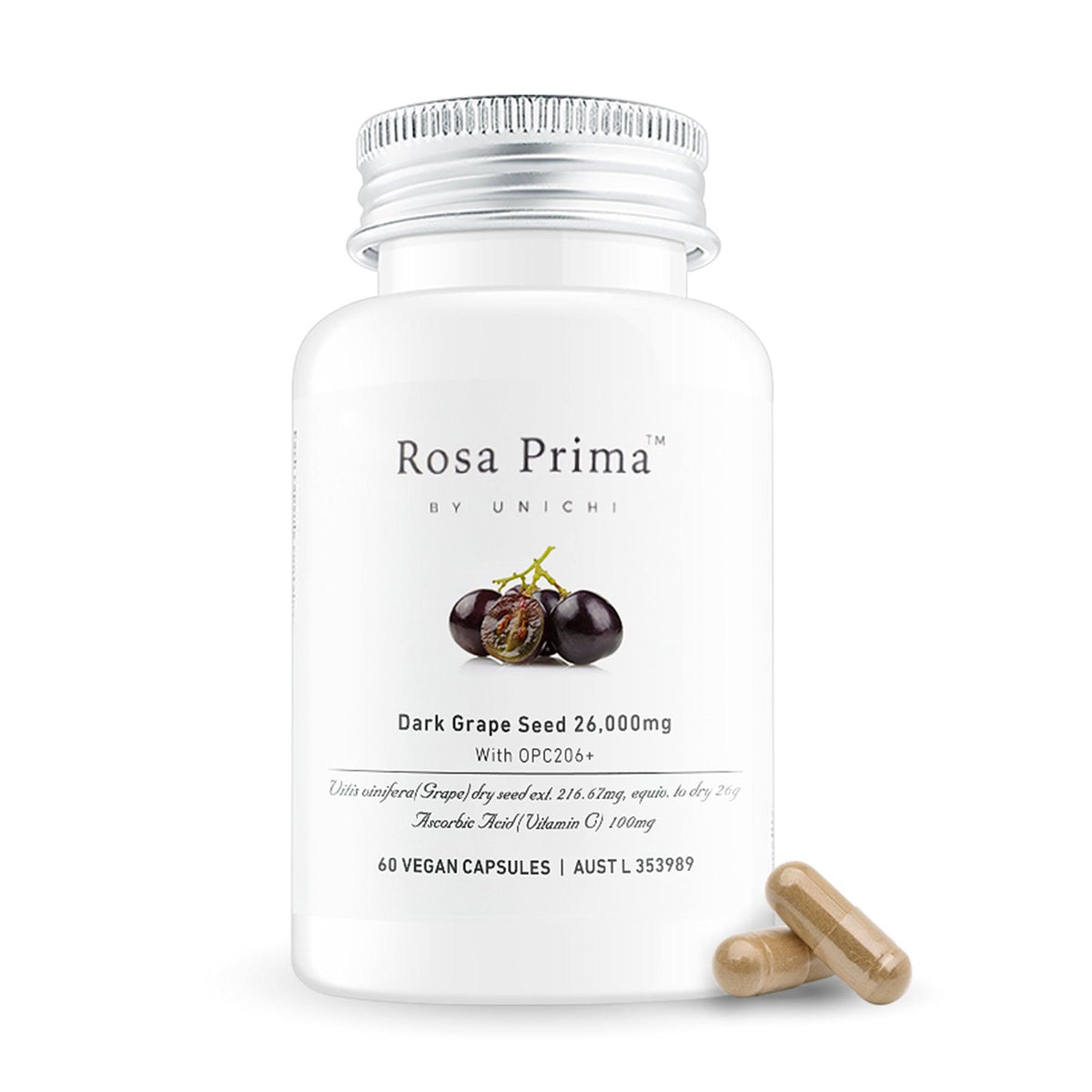 Unichi Rosa Prima Dark Grape Seed 26000mg with OPC206+ 60 Vegan Capsules bottle