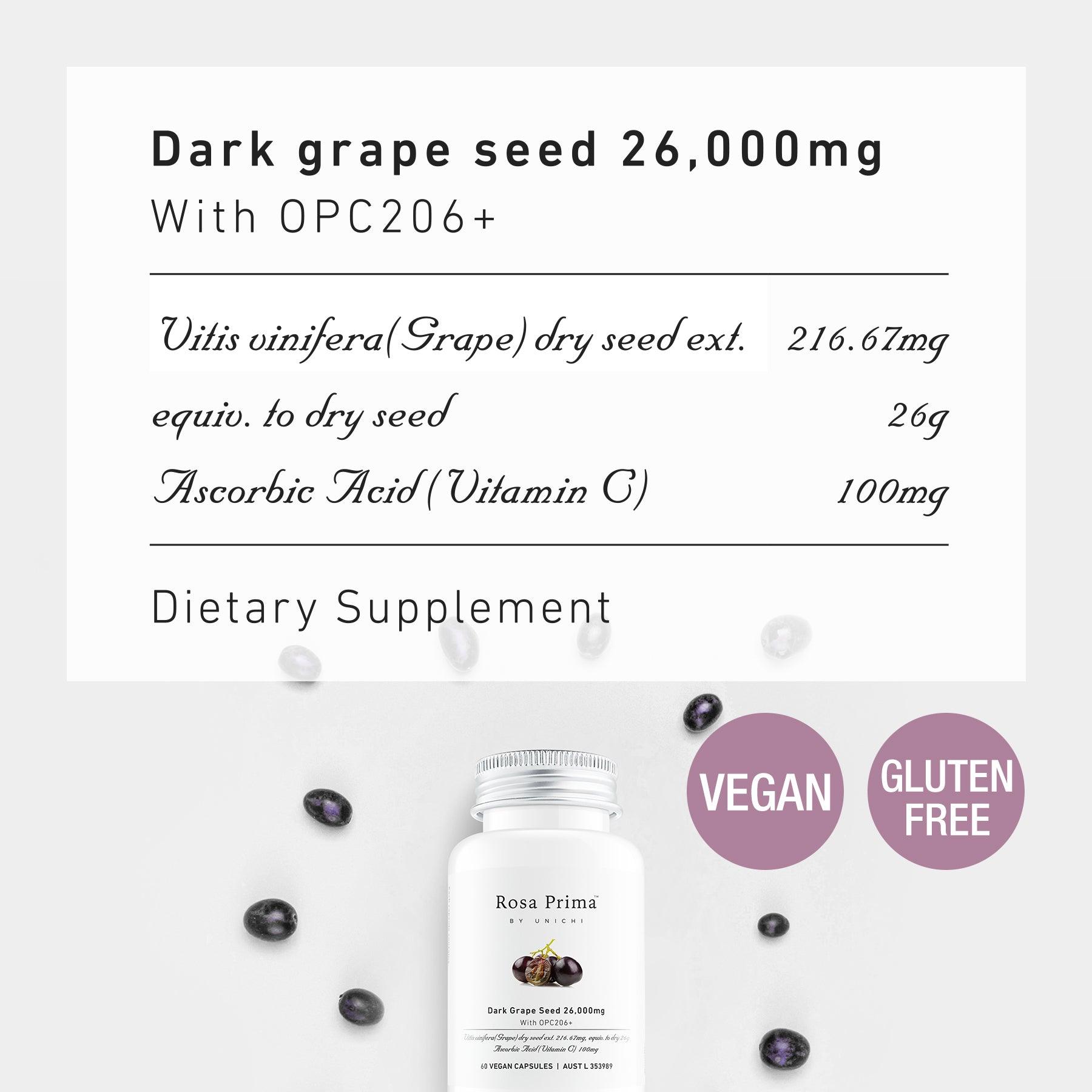 Unichi Rosa Prima Dark Grape Seed 26000mg with OPC206+ ingredient information