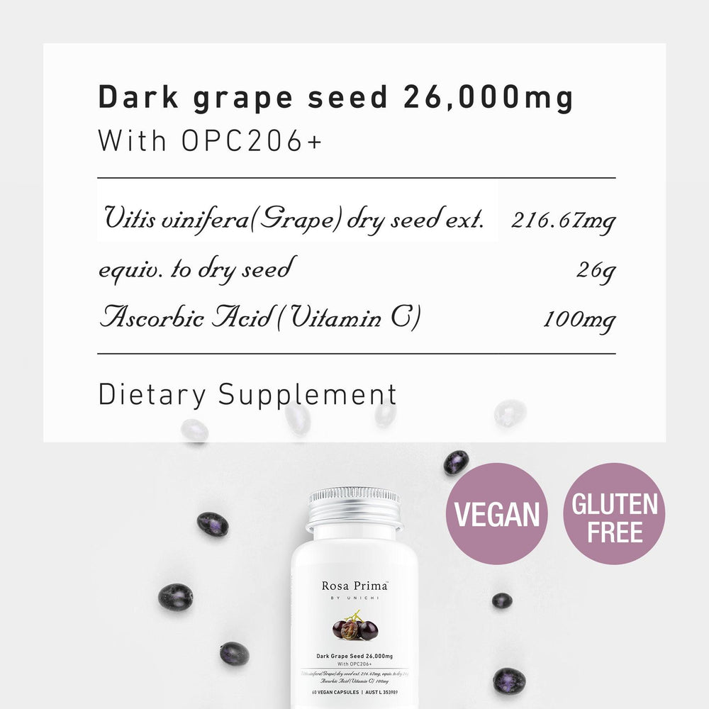Unichi Rosa Prima Dark Grape Seed 26000mg with OPC206+ ingredient information